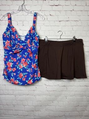 Lands' End Floral Tankini Top with Brown Skort Swim Set